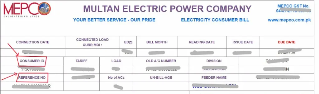 14-digit reference number and 10-digit customer ID location on a MEPCO electricity bill